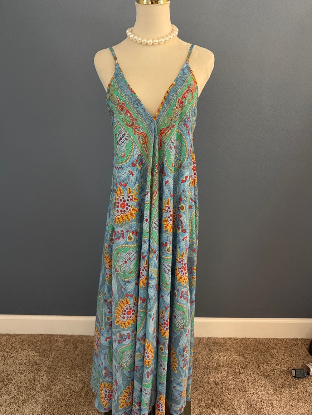 Blue Paisley Maxi Slip Dress with V-Neck